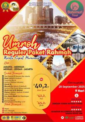 Paket Umrah Reguler,  Paket Rahmah, Kereta Cepat , 09 Hari, Btt – Ahz, Keberangkatan 20 September 2025